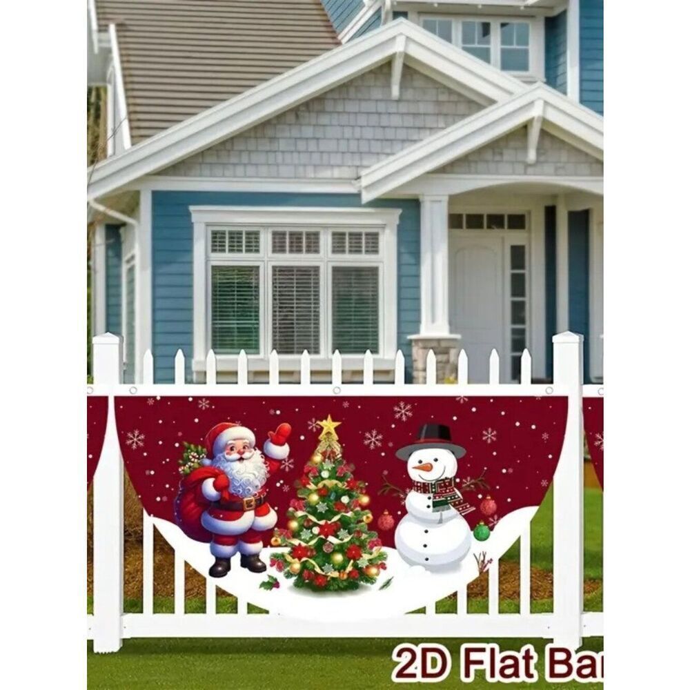 18 x 35 Holiday Wall Banner Festive Christmas Snowman & Santa and Festive Tree